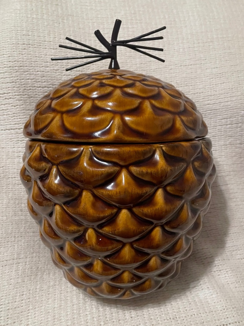 Crate & Barrel Ceramic Pinecone -Cookie Jar with Twig Lid